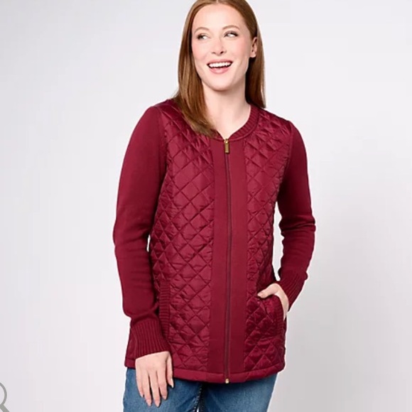 Denim & Company Heritage Maroon Quilted Woven-Front Sweater Jacket #W